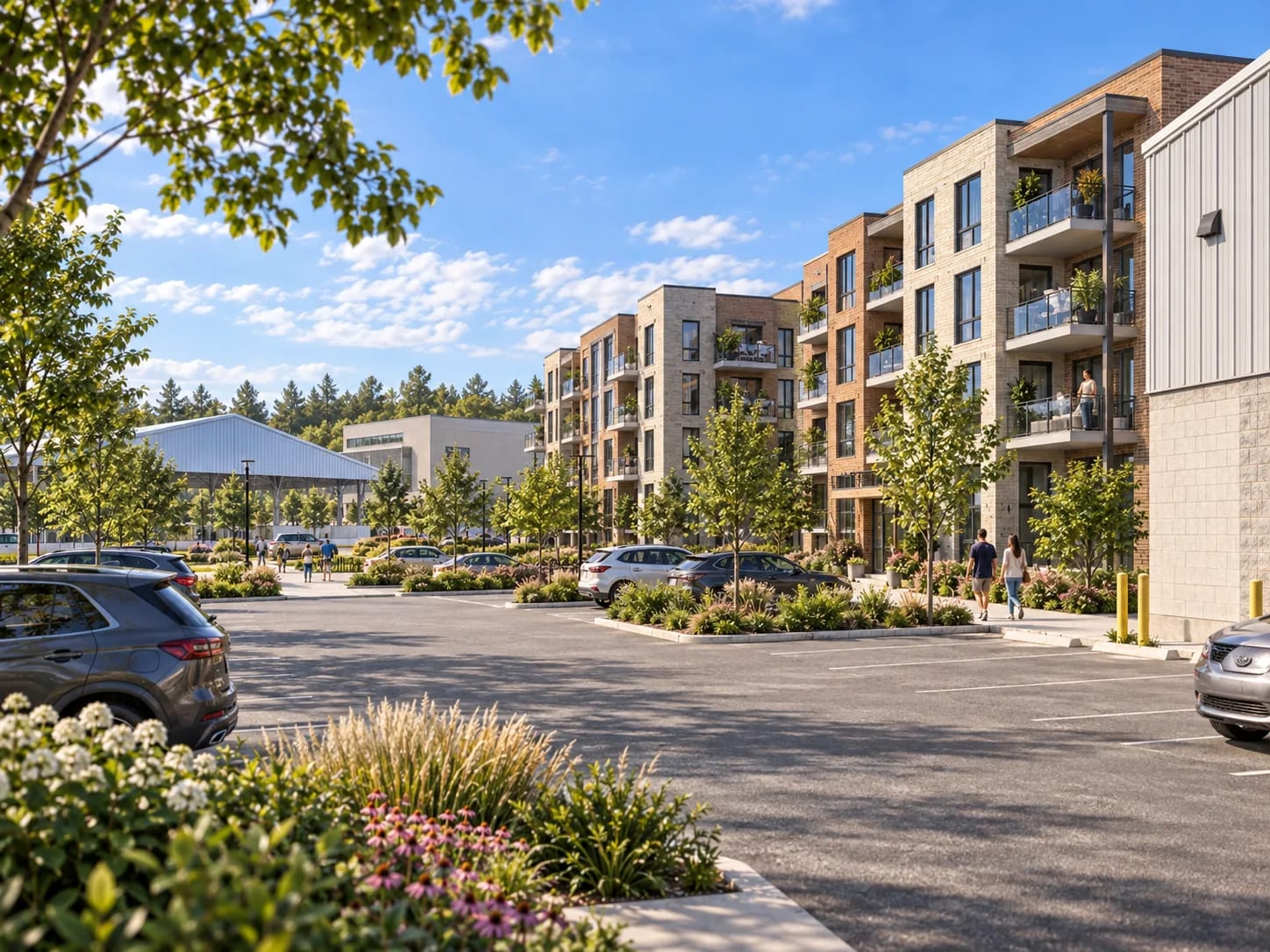 Mid-rise apartment blocks with balconies and surface parking, on the lands beside the sports fields rather than out on a new road.