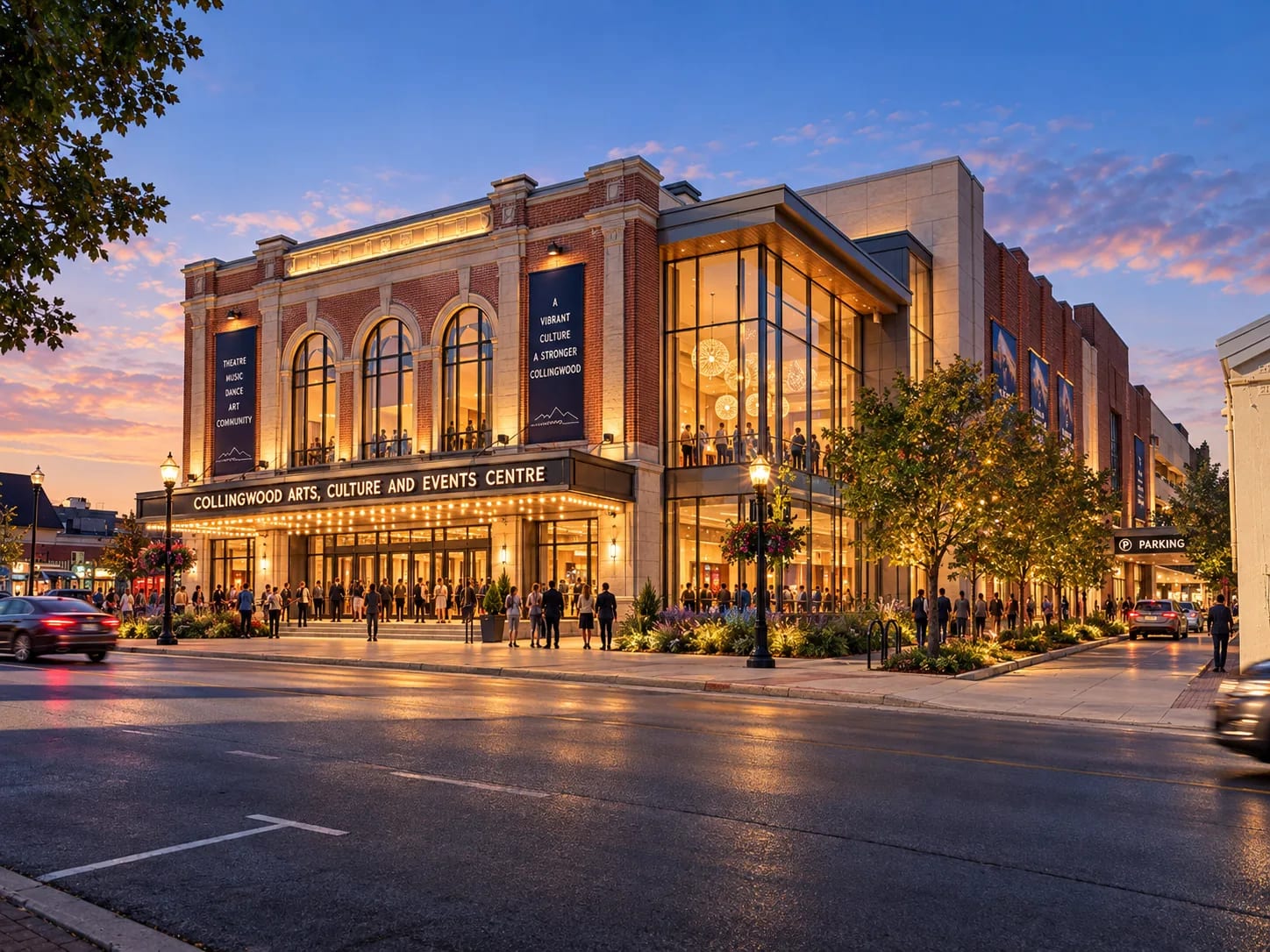 A lit marquee and a queue on the corner. One of four sites the Vision puts up for the same test — it says the goal is not to pre-select a winner. Earlier feasibility work identified the adjacent parking area for further study.