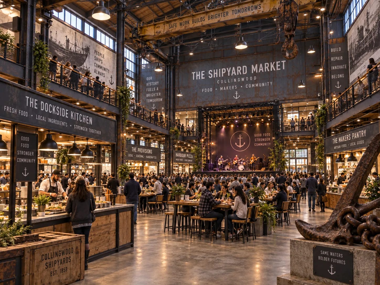 The market at ground level, with the Dockside Kitchen and Harbour Pantry counters trading under the old roof trusses.