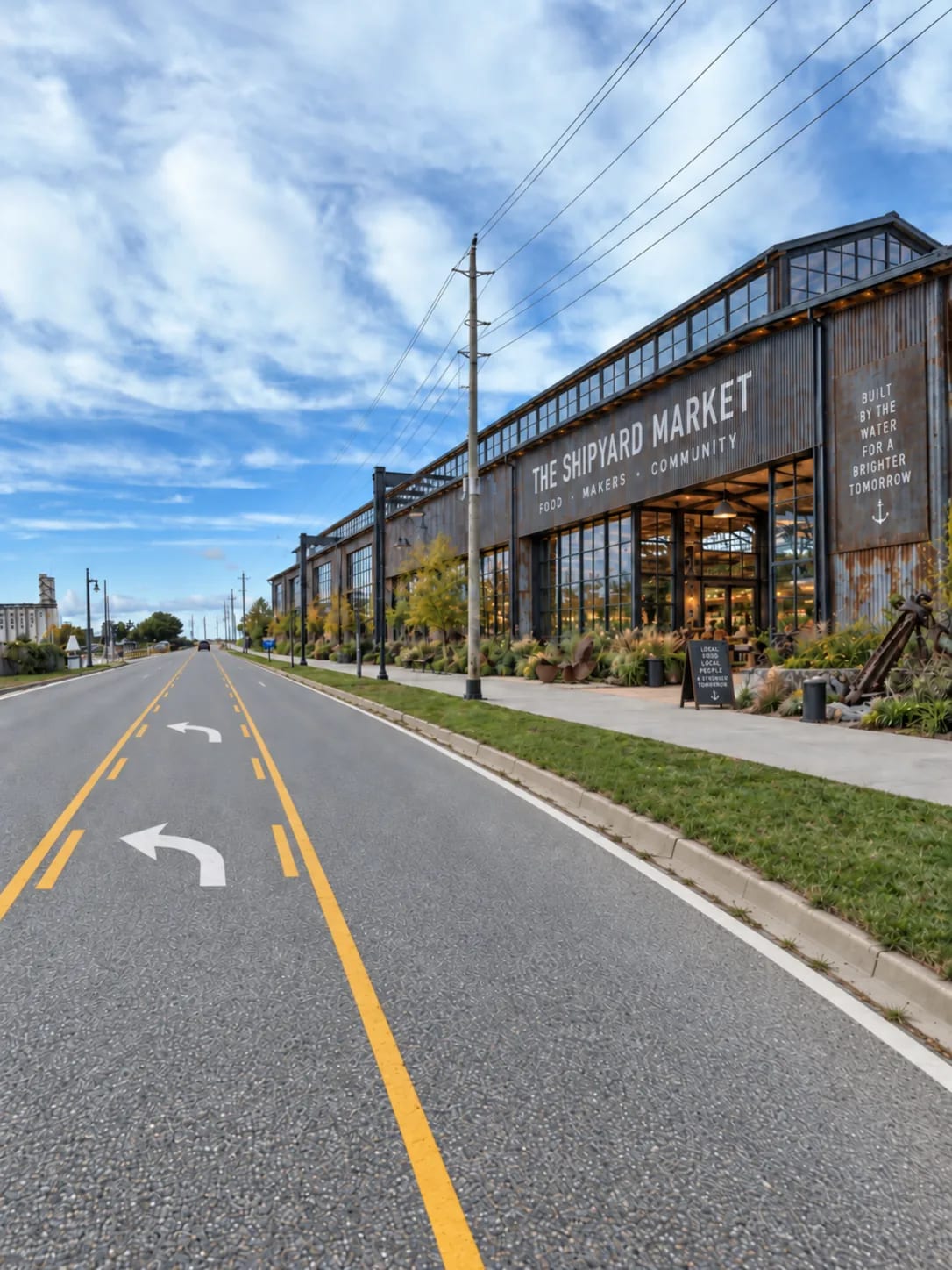 The long industrial shed that would hold the Shipyard Market, seen from the street with its name and an anchor across the end wall.