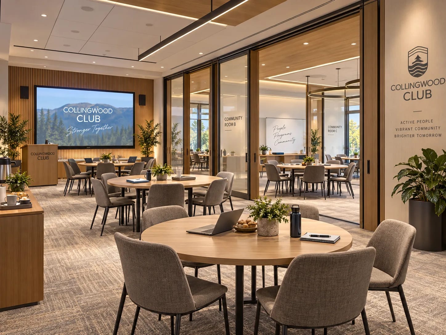 Meeting rooms with movable walls and a presentation screen, set up for a community group rather than for a sports booking.