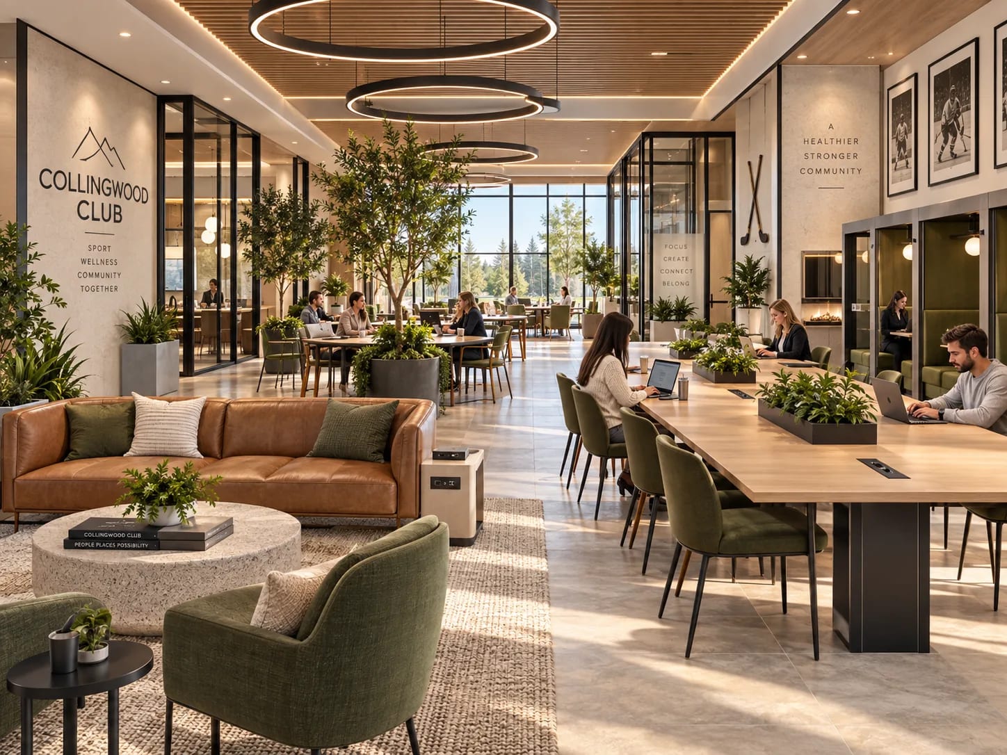 An open lounge with planting, booths and long shared tables, for people working or waiting between somebody else's practice.
