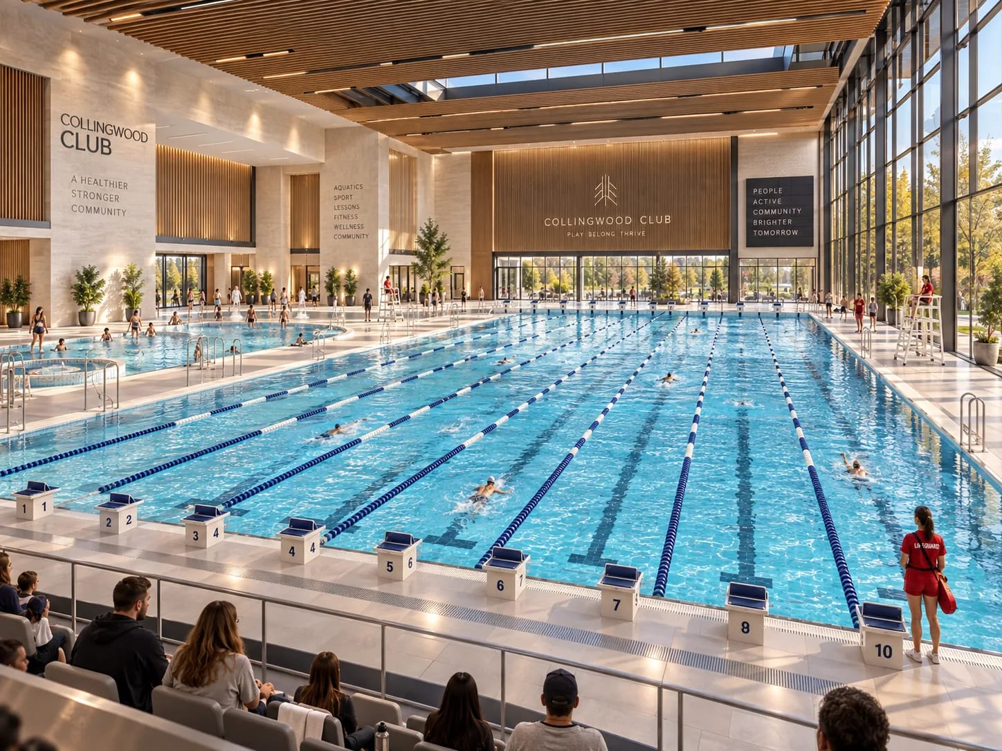 A competition-length lap pool with a separate leisure pool alongside it and bleacher seating for spectators.