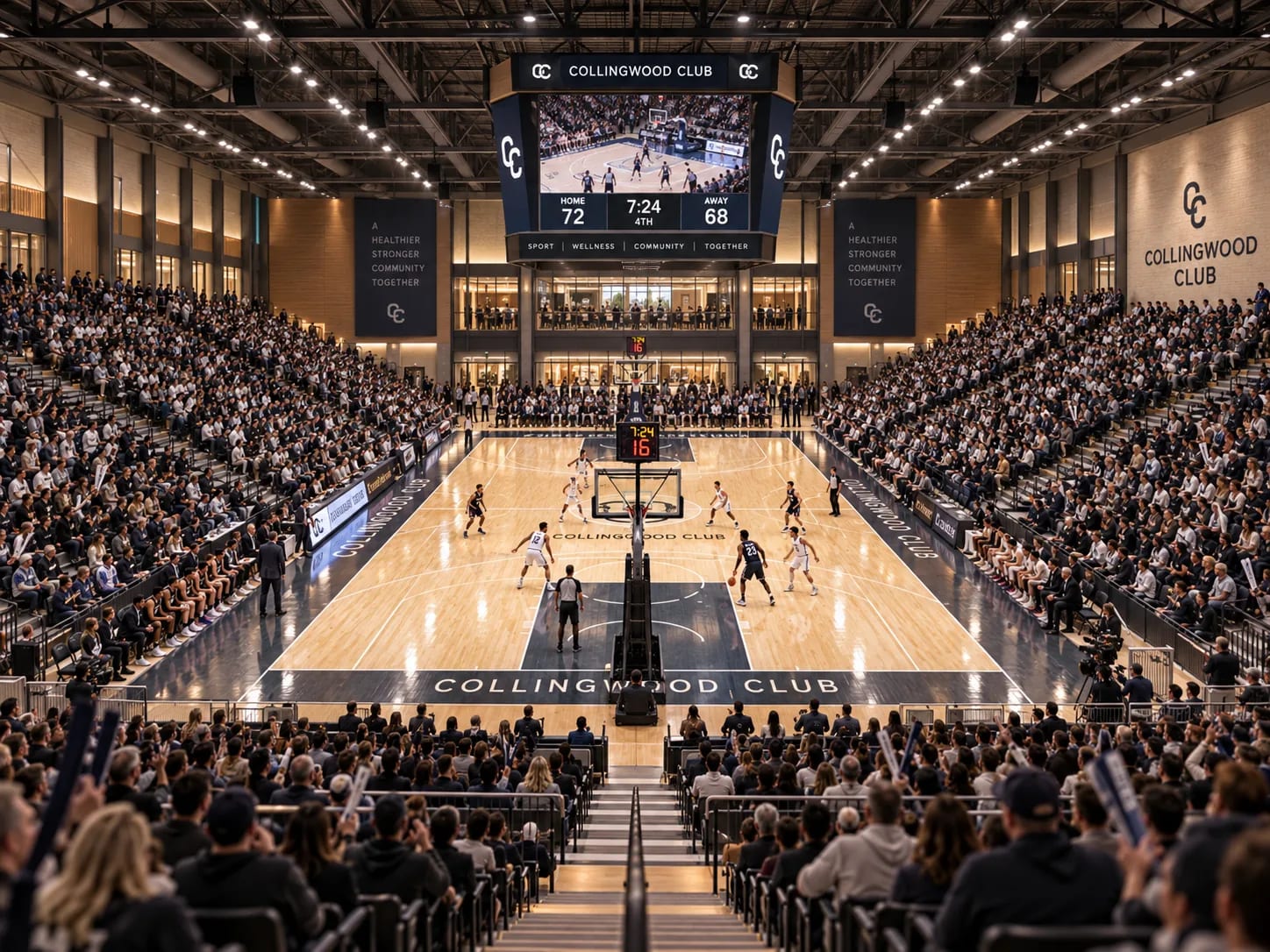 The main arena set up for a basketball game, with the seating bowl full and the scoreboard running above centre court.