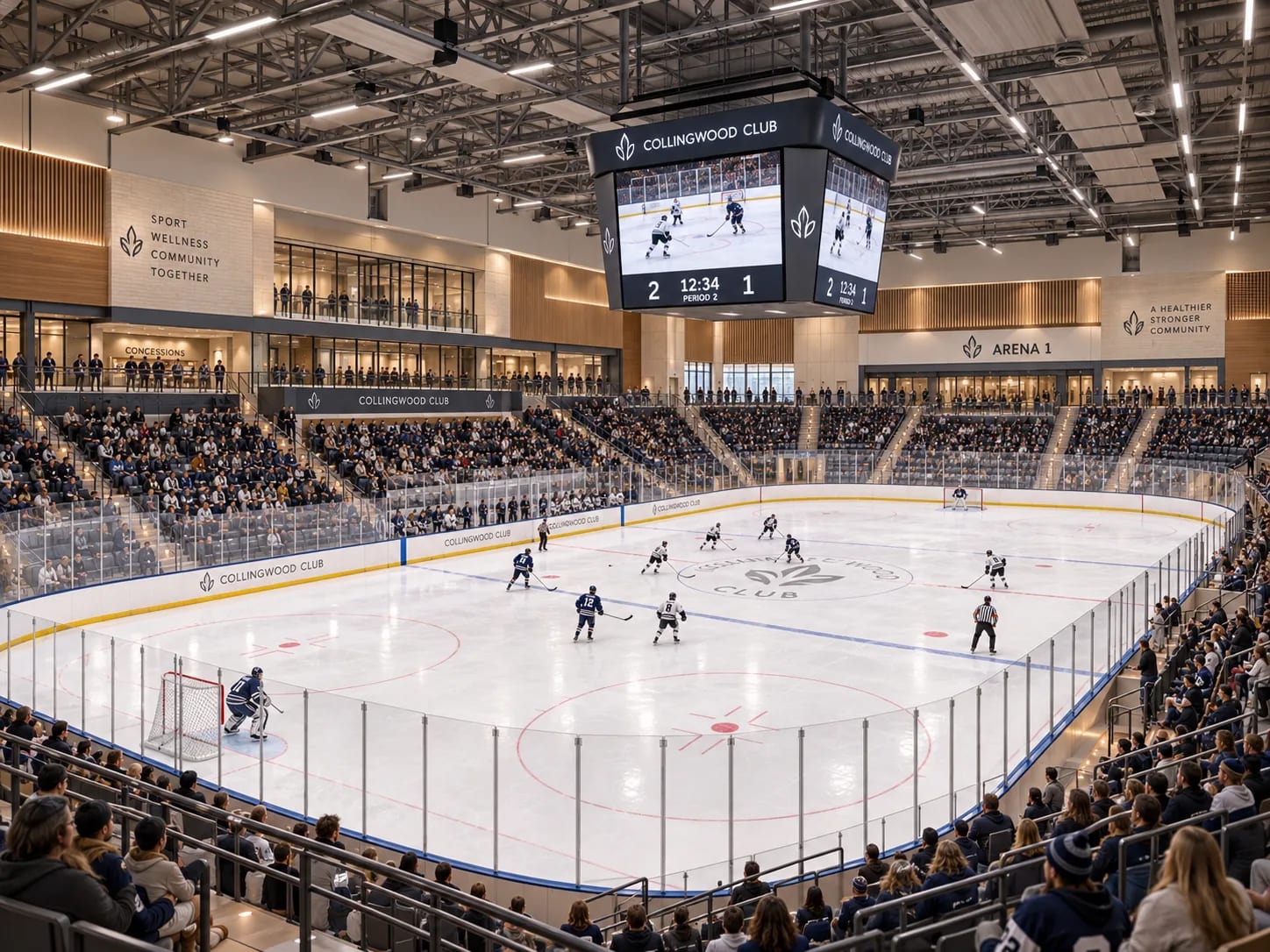A full-size rink with a game on and the stands filled, seen from the corner above the blue line.