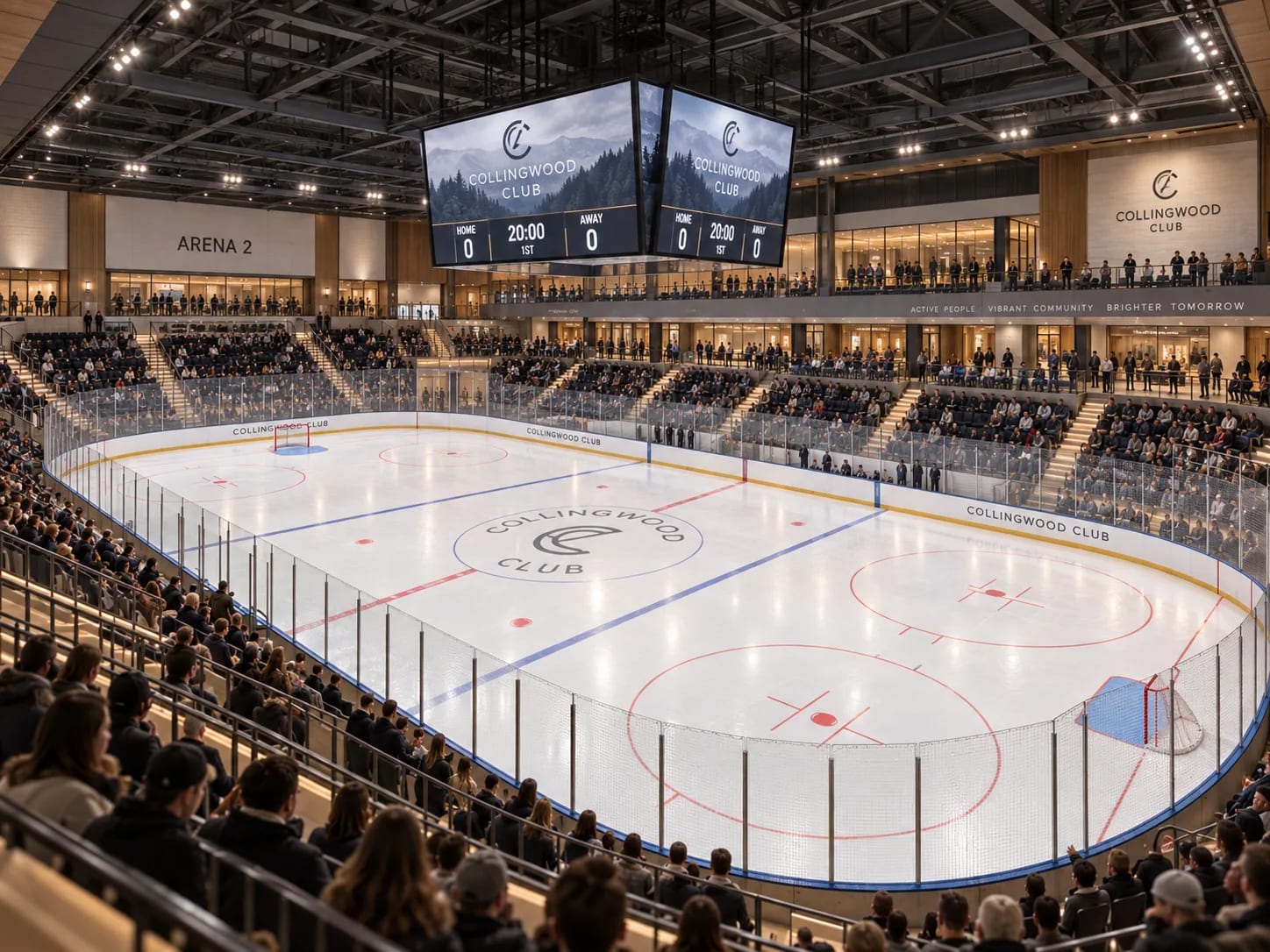 The second rink from the upper level, with its own scoreboard and seating, so two games can run at once.