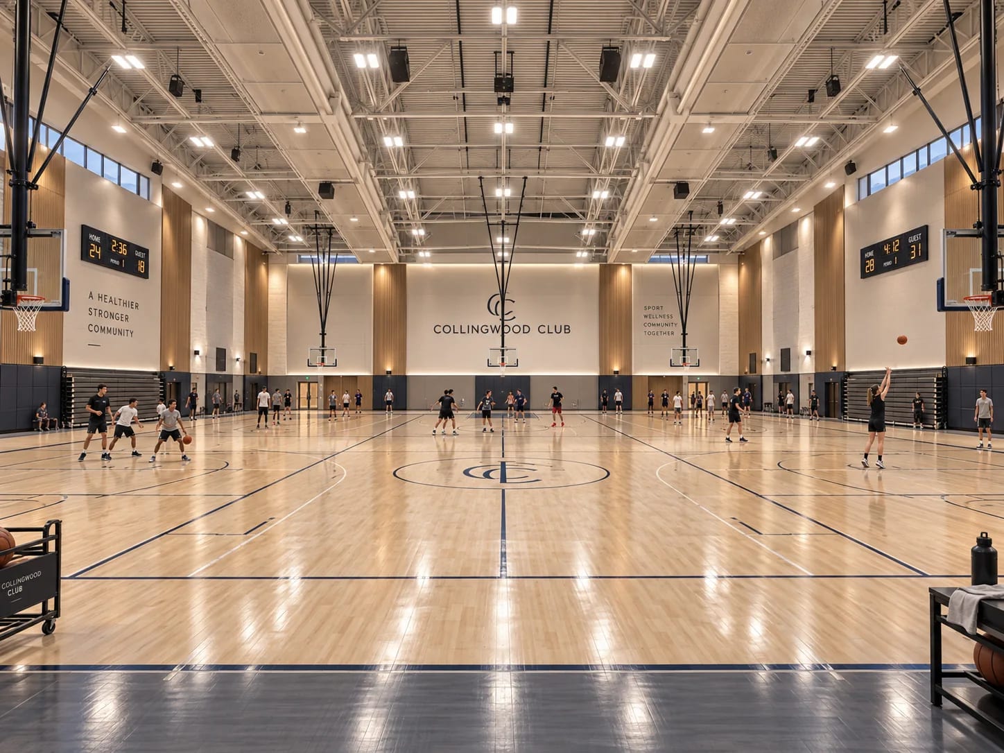 A full-width gymnasium marked out for several courts at once, so more than one group can use the floor at the same time.