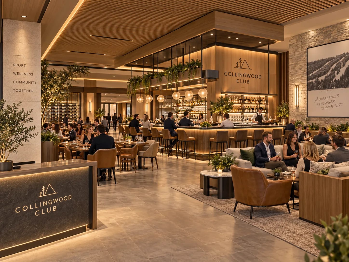 A bar and social dining room off the main concourse, so the building has somewhere to sit that is not an arena bench.