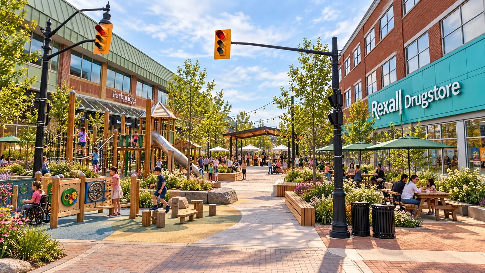A downtown block given over to a playground, seating and planting, with the existing storefronts left exactly as they are on both sides.