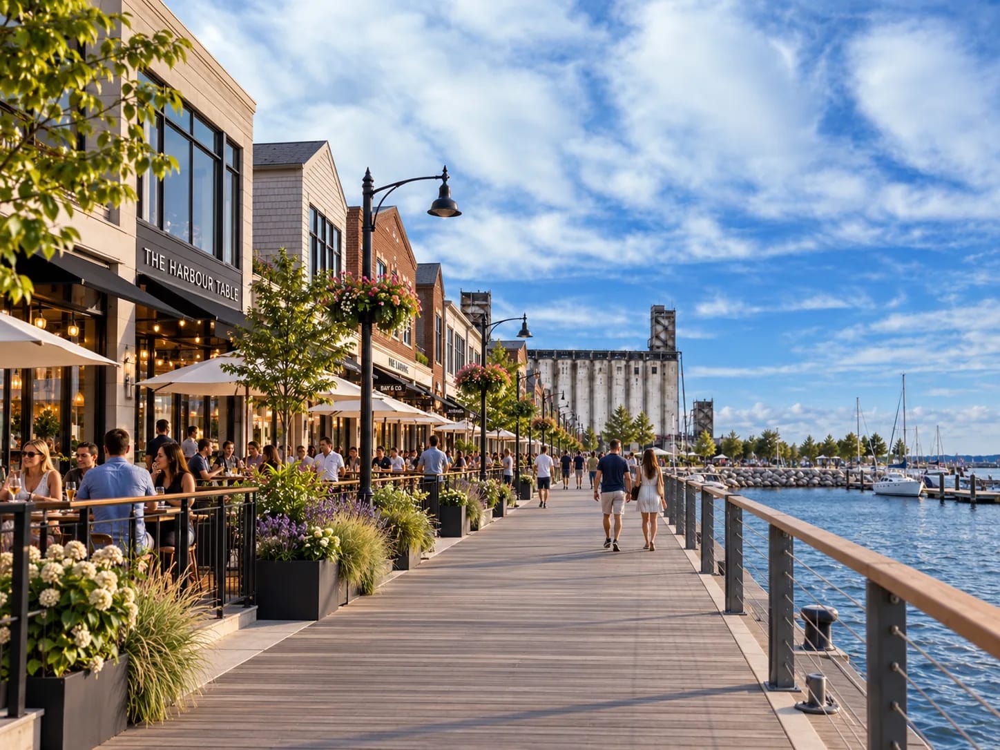 Patio dining spilling onto a wide boardwalk, with the boat slips on one side and the grain elevator standing over the far end.