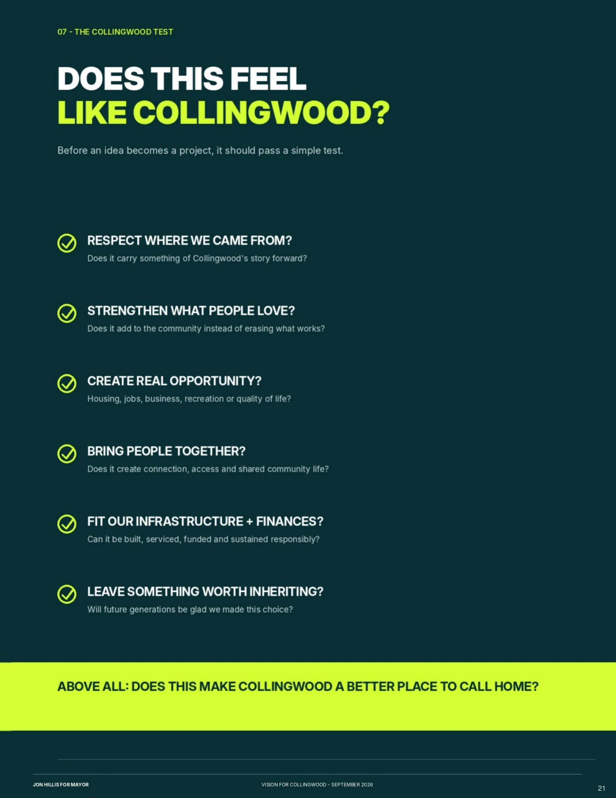 Decision framework — page 21 of 62 of the Vision for Collingwood